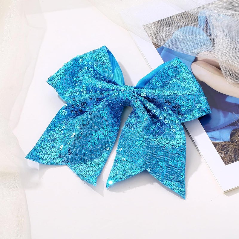 Zolyco Large Glitter Cheer Bows Clips, Jumbo Big 7 Inch Cheerleading Sequin Hair Bow Hair Accessories for Teens Girls Football Sports Cheerleader Outfit Uniform (Blue) - Image 4